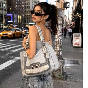 Coach gray Kristin Spectator hobo bag embossed crocodile leather trim Y2K